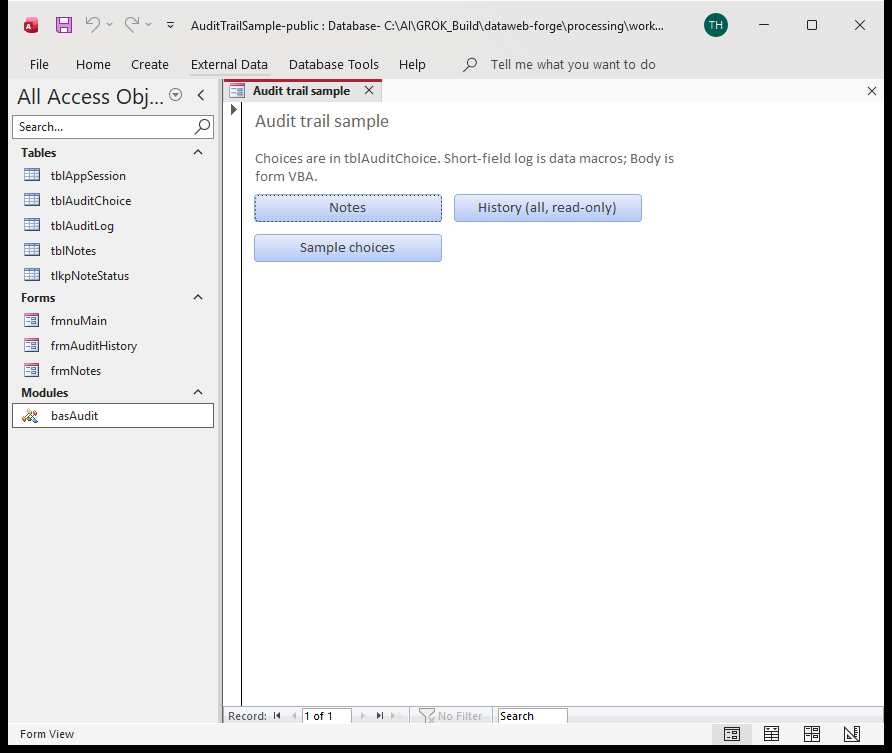 Access startup form fmnuMain with Notes, History, and Sample choices buttons