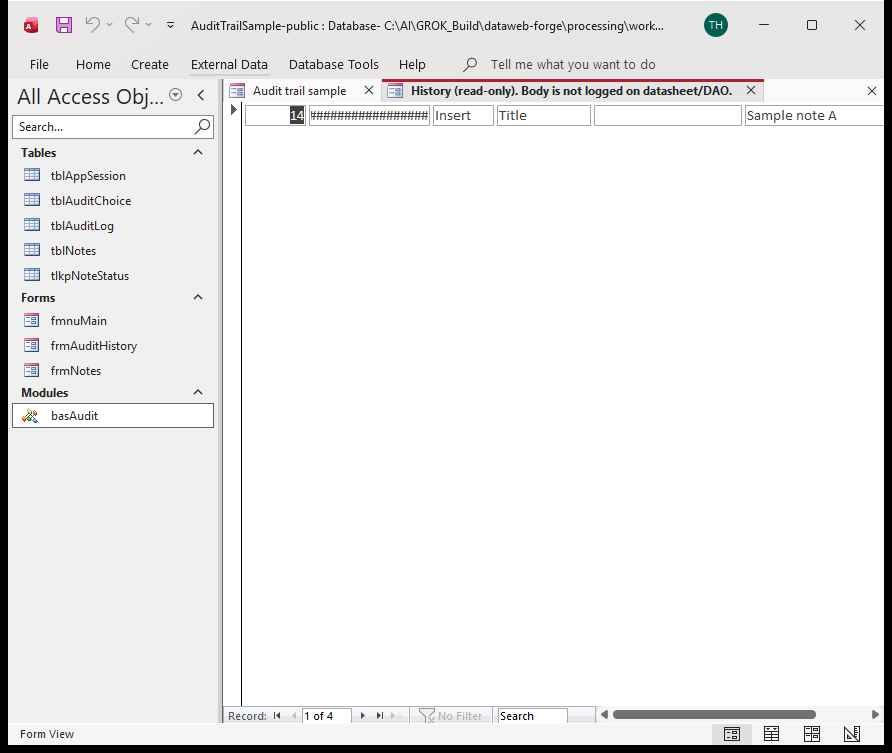frmAuditHistory datasheet with Insert Title Sample note A