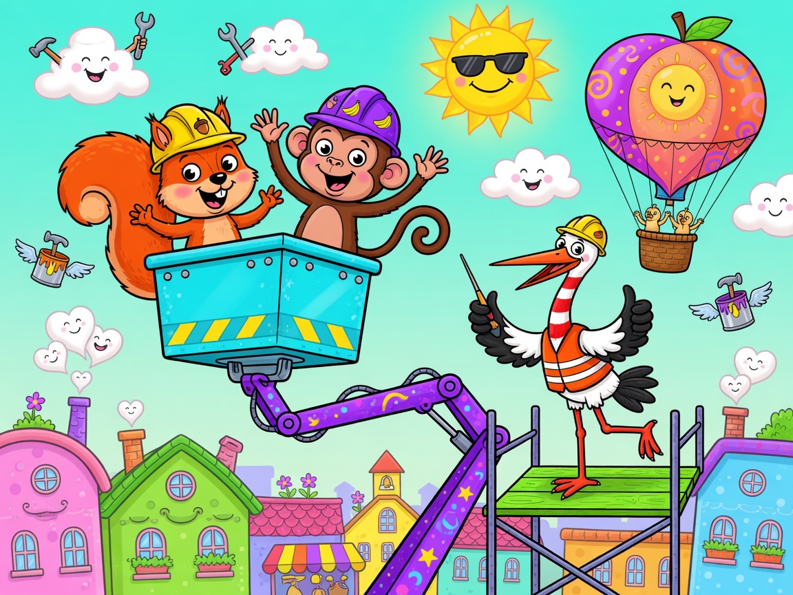 Playful cartoon of animals with boom lifts, scaffolding, and a hot-air balloon — humorous illustration, not real work practices