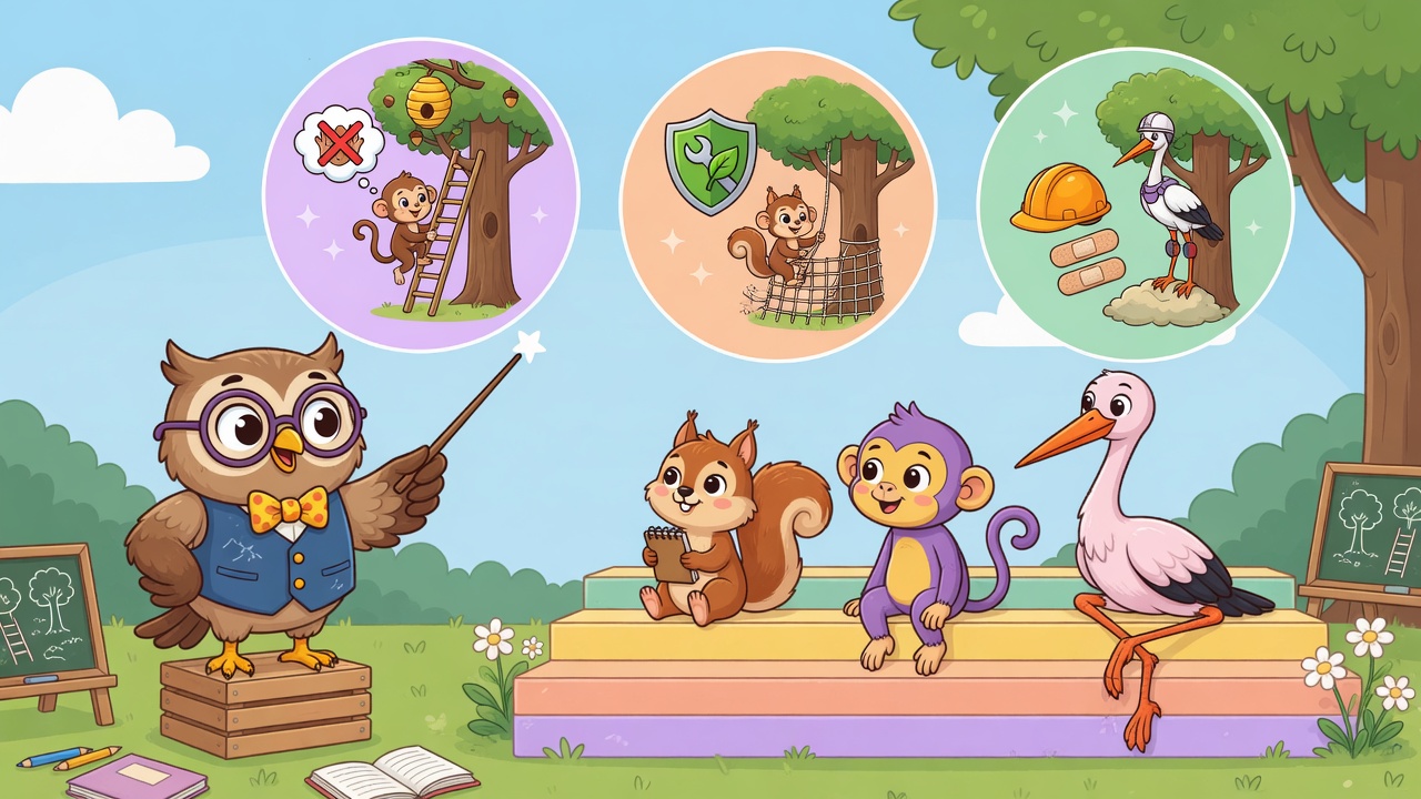 Cartoon classroom scene about thinking before climbing