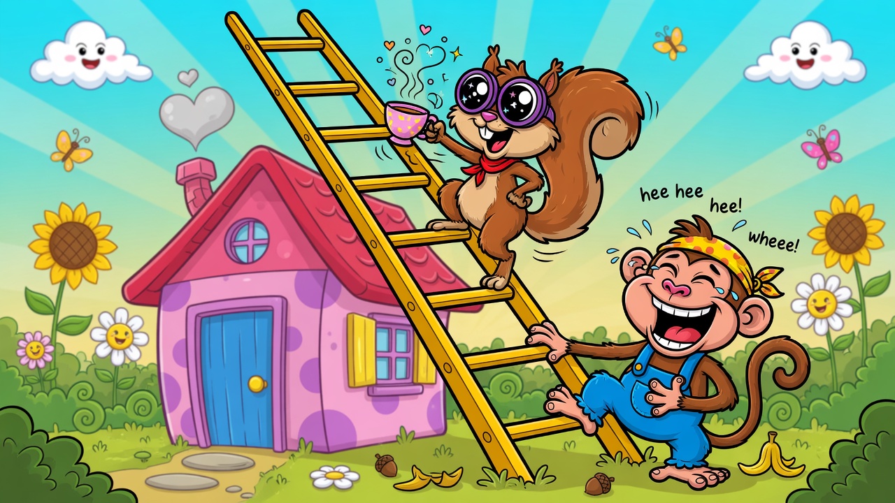 Comical cartoon of a squirrel climbing a tall ladder while a monkey steadies it