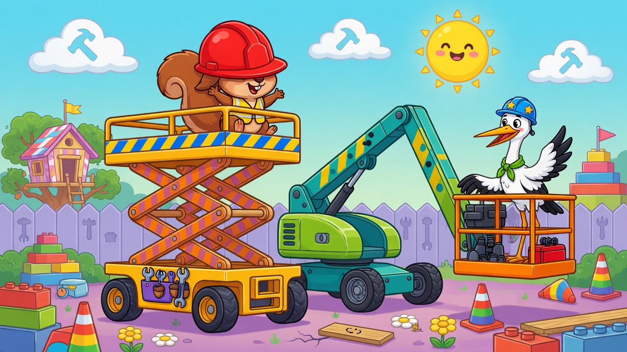 Cartoon scissor lift and boom lift with animal characters
