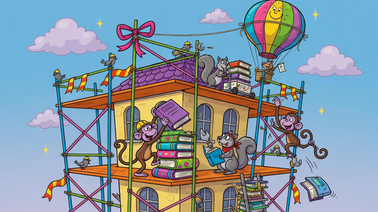 Cartoon scaffolding with playful animal characters
